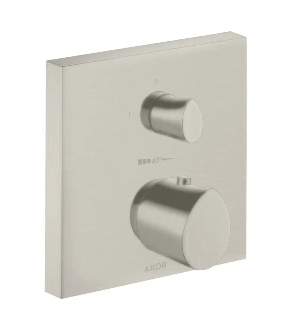 Thermostat-Bedienelement von AXOR mit zwei Reglern für Temperatur und Durchfluss, montiert auf einer quadratischen Edelstahlschiene.